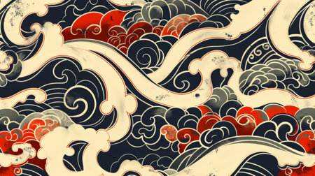 A Japanese wave pattern, with stylized curves and frothy crests, bringing a traditional and dynamic element to the composition.の素材