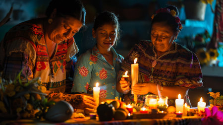 A family gathering around a home altar during a cultural holiday, lighting candles and sharing stories, emphasizing the intimate connection between tradition and familial bonds.の素材