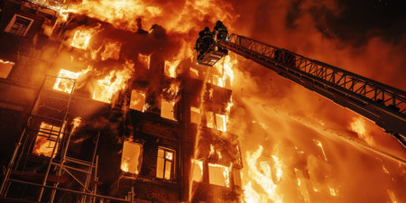 A dynamic angle showing firefighters employing an aerial ladder to reach flames engulfing the upper floors of a building, emphasizing the scale of the fire and the strategic tactics used to combat it.の素材