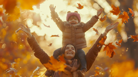 A joyful depiction of a mother lifting her daughter into the air, both with arms outstretched, under a canopy of autumn leaves, symbolizing the uplifting spirit and happiness they share.の素材