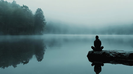 A quiet moment of deep breathing exercises by a serene lake, the still water mirroring the pursuit of inner calm and emotional equilibrium.の素材