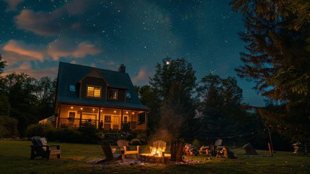 A quiet evening with the family gathered in the backyard, roasting marshmallows over a fire pit and enjoying the starlit sky above.の素材