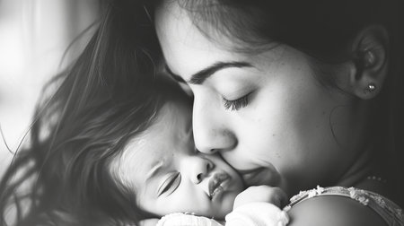 The first moments of motherhood, filled with soft whispers and tender caresses, as a mother acquaints herself with her baby.の素材