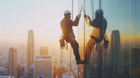 A window cleaner suspended on a harness, cleaning tall building windows against a city skylineの素材