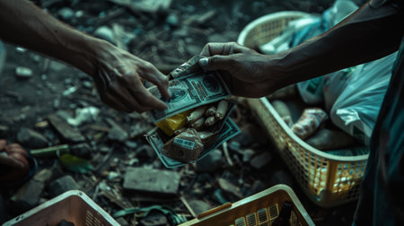 A close-up of hands exchanging stolen goods and money in a dark, secluded areaの素材