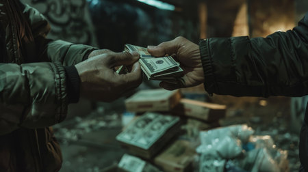A close-up of hands exchanging stolen goods and money in a dark, secluded areaの素材
