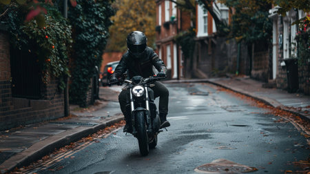 A motorbike thief starting up a bike hurriedly in a quiet, residential areaの素材