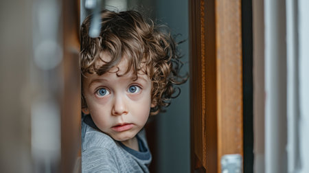 A frightened child peeking from behind a door during a parental disputeの素材