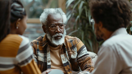 An elder man counseling a young couple, trying to mediate a peaceful discussionの素材