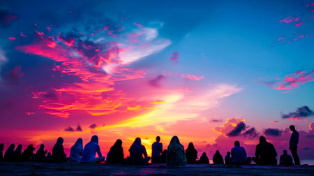 The peaceful ambiance of Maghrib prayer at sunset, with individuals reflecting and connecting with their faith against the backdrop of a vibrant sky.の素材