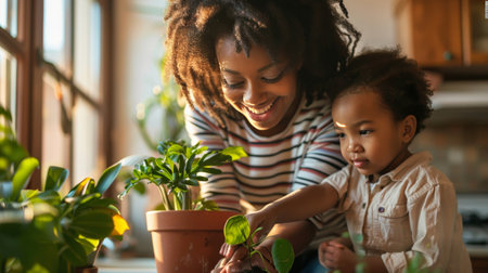 A child and parent working together to repot a houseplant, sharing a moment of learning and bonding over the care of their green companions.の素材