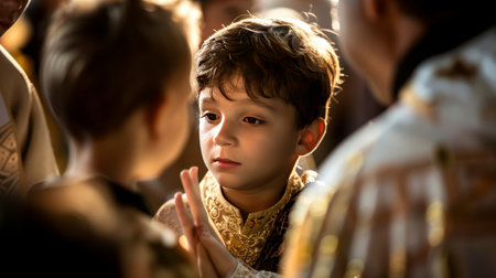 A child undergoing a religious rite of passage, surrounded by family and clergy, marking an important spiritual milestone in their life.の素材