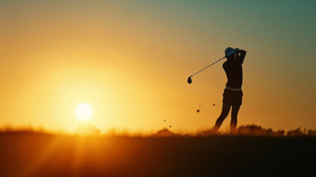 A golfer silhouetted against the setting sun, taking a final shot of the day, the golf ball soaring towards the green.の素材