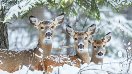 A family of deer huddled together under a canopy of snow-laden trees, their breath visible in the crisp winter air, embodying the quiet resilience of nature.の素材