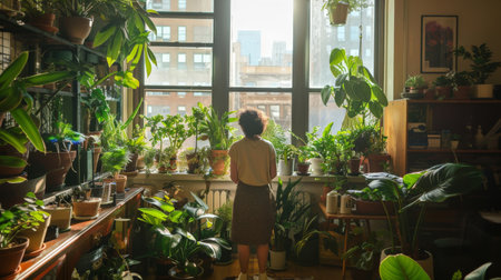 A sun-drenched apartment where a person tenderly waters a variety of lush indoor plants, turning a small living space into a vibrant urban jungle.の素材