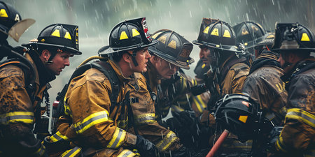 A moment of teamwork captured as firefighters huddle for a brief strategy discussion amidst the chaos, their gear marked by soot and water, signifying the intensity of their battle against the flames.の素材