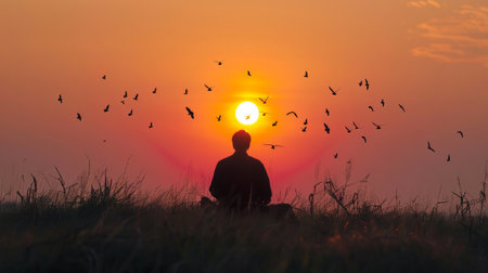 A lone figure against the expanse of the setting sun, finding solace in prayer as they release birds into the wild, a poignant symbol of releasing fears and embracing hope.の素材