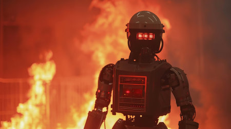 A robotic firefighter navigating through smoke and flames in a training simulationの素材