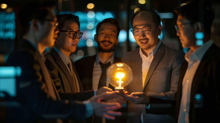 An engaging moment where one businessman presents a glowing lamp to his colleagues, their faces illuminated by the light, representing the sharing and nurturing of a new concept within the team.の素材