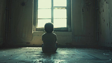 A child sitting on a cold floor in a sparse room, gazing out of a small window, longing for companionshipの素材