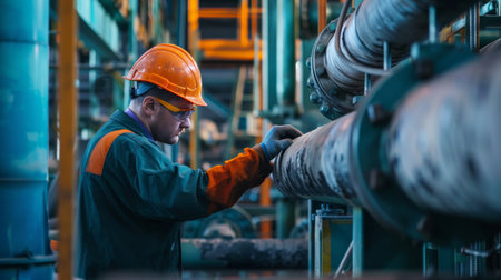 A factory worker inspecting a leak in a steel pipeline system, highlighting the importance of regular maintenanceの素材