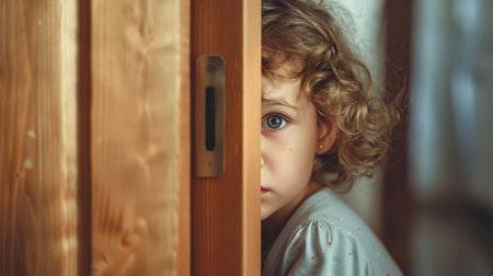 A frightened child peeking from behind a door during a parental disputeの素材