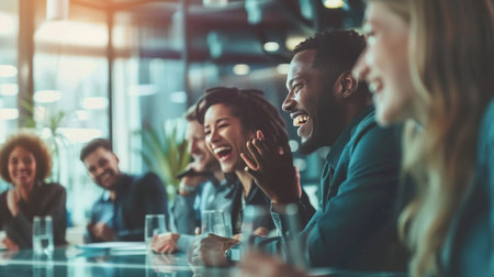Diverse business team laughing together over a shared idea at a conference table in a modern officeの素材