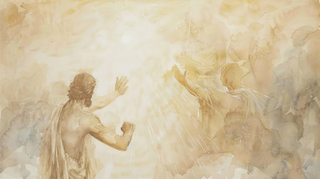 The baptism of Jesus by John the Baptist, depicted with subtle watercolor washes and divine lightの素材