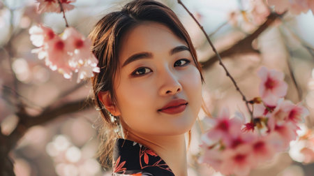 Beautiful Asian lady posing gracefully in a floral kimono under sakura bloomsの素材