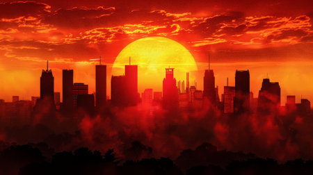 Dystopian city skyline silhouetted against a fiery sunsetの素材