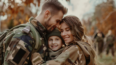 A military family standing together in a warm embrace, their faces full of smilesの素材