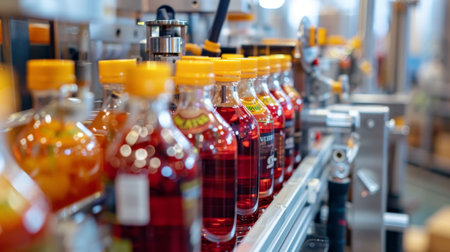 A detailed view of the labeling machine applying branded labels to the bottles, the intricate designs and vibrant colors coming to life under the natural light that floods the factory.の素材