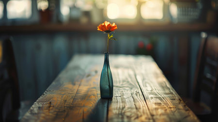 A lone, slender vase holding a single bloom on a bare wooden table, the natural light casting soft shadows, highlighting the beauty in simplicity.の素材