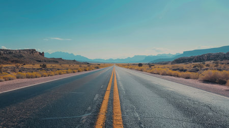 An empty, open road stretching into the horizon under a clear sky, the simplicity of the scene evoking a sense of freedom and endless possibility.の素材