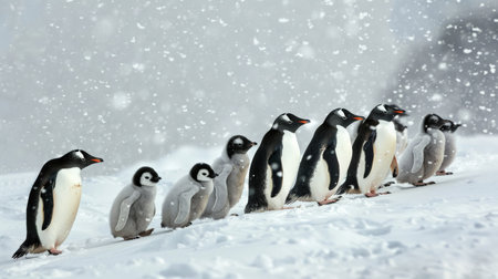 A line of penguins waddling through the snow, their fluffy chicks in tow, illustrating the communal spirit and the enduring charm of wildlife families in winter settings.の素材