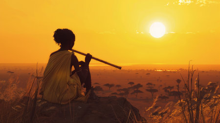 A thoughtful Fulani girl sitting atop a hill, gazing out over the landscape with a handmade flute at her lips, the setting sun casting a golden light on the scene, symbolizing her contemplation and the artistic soul of her people.の素材