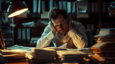 An exhausted businessman slumped over his desk late at night, surrounded by mountains of paperwork, the dim light of his lamp casting long shadows that mirror his fatigue.の素材
