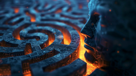 Visual metaphor of human mind as a labyrinth, filled with lights and shadowsの素材