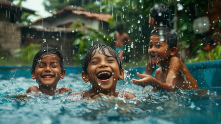 Children laugh and splash joyfully as they play in the pool on a heavy rainy day.の素材
