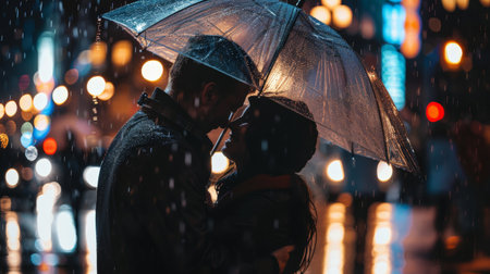 Couples cuddle under a shared umbrella, finding warmth and comfort amidst the rain.の素材
