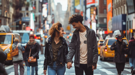 Young couple walking hand in hand through a bustling city streetの素材