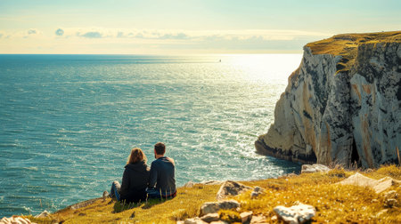 A couple enjoying a peaceful moment watching the sea from a coastal cliffの素材