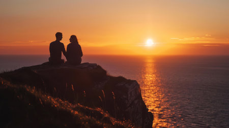 A couple enjoying a quiet moment watching the sunset from a cliffの素材