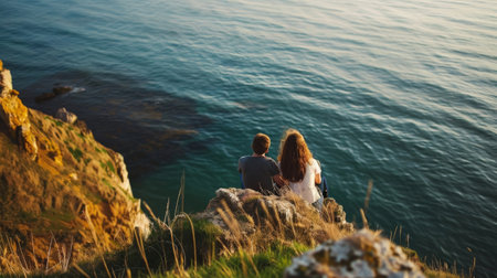 A couple enjoying a peaceful moment watching the sea from a coastal cliffの素材