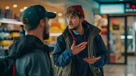 A nervous shoplifter being confronted by store security near the exitの素材