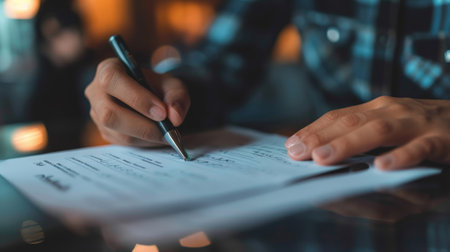 A person filling out a bank deposit slip in a bank under soft lightingの素材
