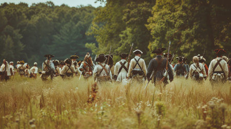 A reenactment of a Revolutionary War battle scene with soldiers in authentic uniformsの素材