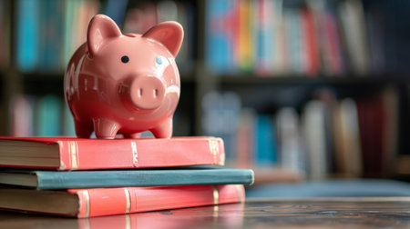 A piggy bank sitting on a stack of textbooks, symbolizing education savingsの素材