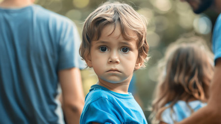 A tense exchange of children between separated parents during a custody handoverの素材