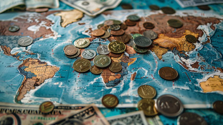 Coins and currency notes of different countries spread out on a mapの素材